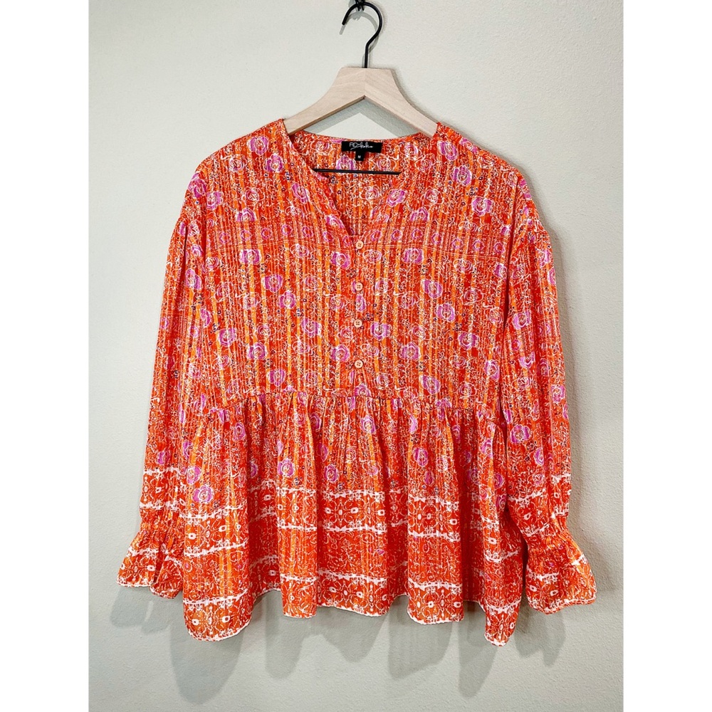 RD&koko Orange Sheer Floral Print Ruffled blouse